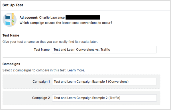 Facebook Test and Learn tool
