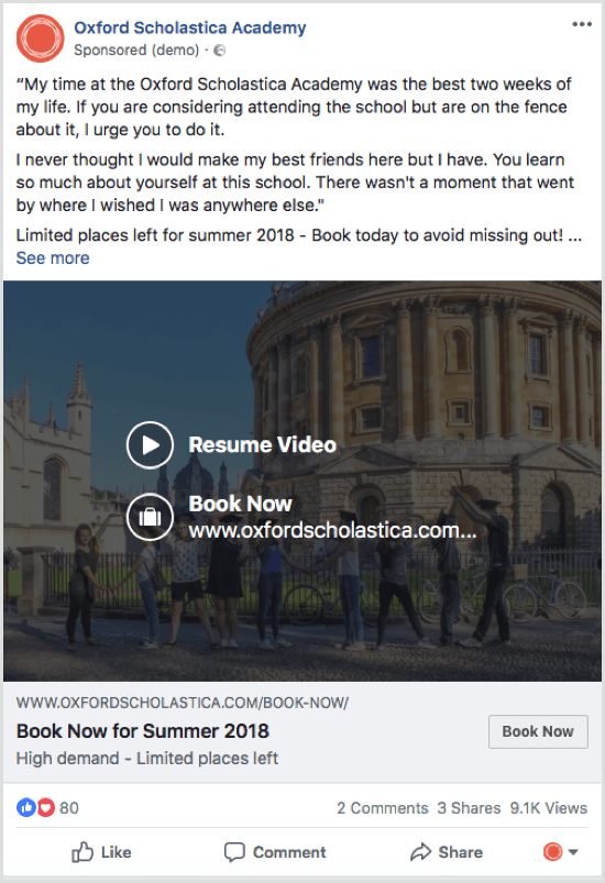 Facebook testimonial ad example
