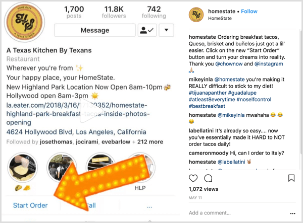 example of Instagram business post that shows users how to use the Start Order action button