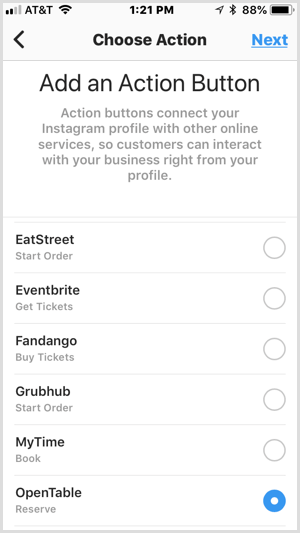 Instagram Fügen Sie einen Aktionsschaltflächenbildschirm für Dienste von Drittanbietern hinzu