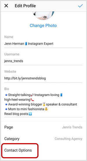 Contact Options on Instagram Edit Profile screen