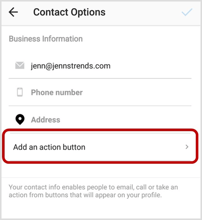 Add an Action Button option on Instagram Contact Options screen