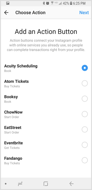 Wählen Sie eine Drittanbieter-App auf Instagram. Fügen Sie einen Aktionsschaltflächenbildschirm hinzu
