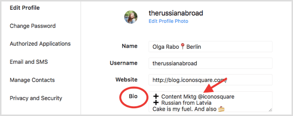 Bio field in the Edit Profile section for Instagram profile