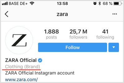 example of Instagram business account profile showing category