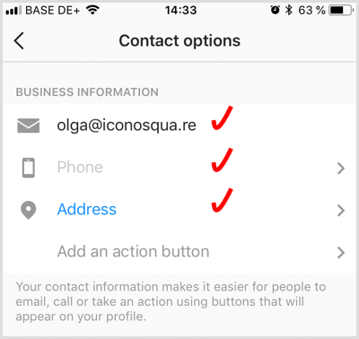 add contact information for an Instagram business account