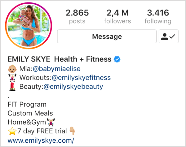 example of instagram profile with emojis next to each handle in bio - how to make an instagram fitness page people will follow