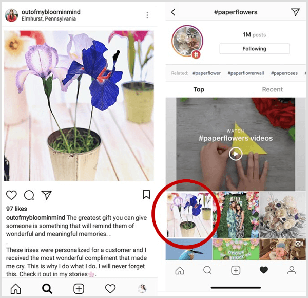 example of Instagram post showing up first in search results for a specific hashtag