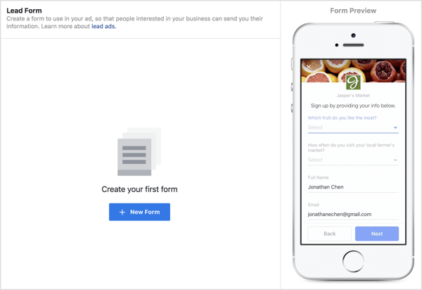 Click New Form to create a lead form for your ad.