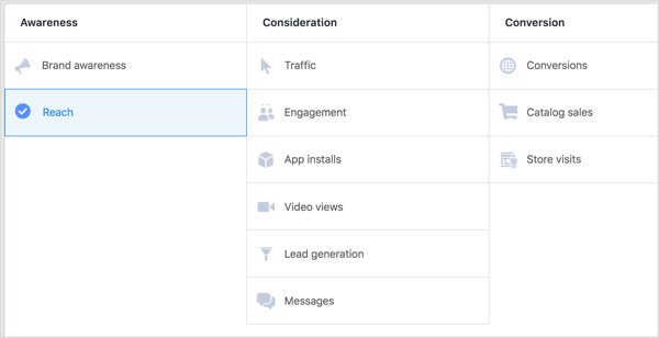 Select Reach as the objective for your Facebook campaign.