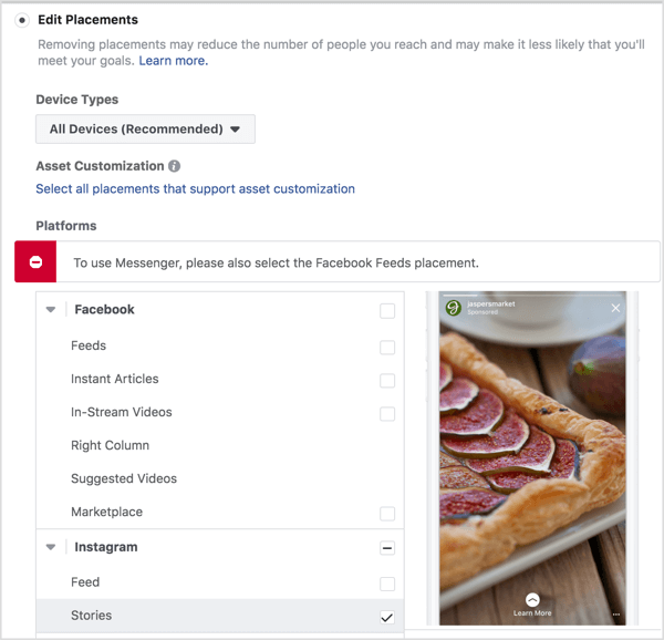 Select Edit Placements and choose Instagram Stories.