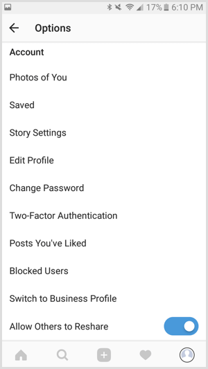 Instagram Switch to Business Profile option