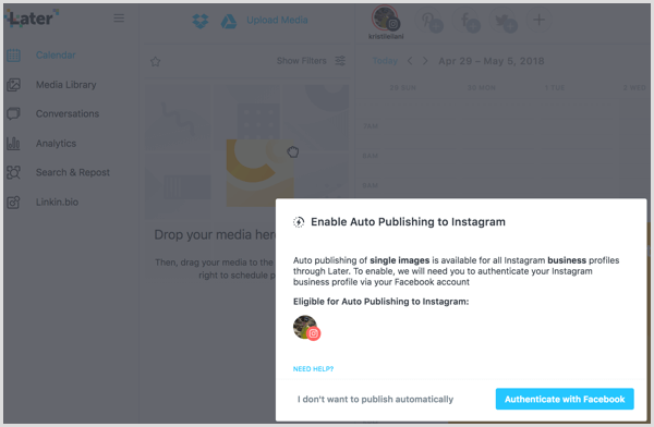 Enable Auto Publishing to Instagram with Later app