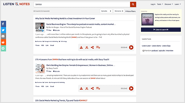 Listen Notes is a podcast search tool. A search for the term SMMW returns a long results list of podcasts that discuss Social Media Marketing World.