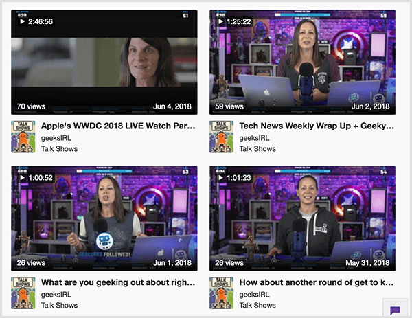 Luria Petrucci typically goes live for at least an hour. Four video clips from the Geeks Life channel are 2 hours, 45 mintues; 1 hour, 25 minutes; 1 hour; and 1 hour, 1 minute respectively.