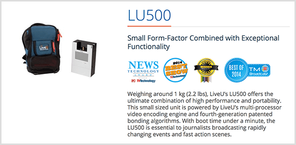 Luria Petrucci uses the LU500 backpack to stream live irl videos on Twitch. The LiveU sales page says this streaming device has Small Form-Factor Combined With Exceptional Functionality. Several product awards appear below this description.