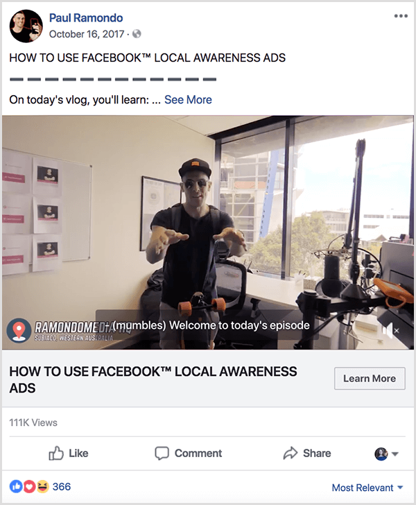 Paul Ramondo vlog posted to Facebook has the text How to Use Facebook Local Awareness Ads. Below this title is the text On Today's Vlog, You'll Learn . . . The video shows Paul standing behind an L-shaped desk in a window office. He's wearing a baseballcap and black t-shirt.