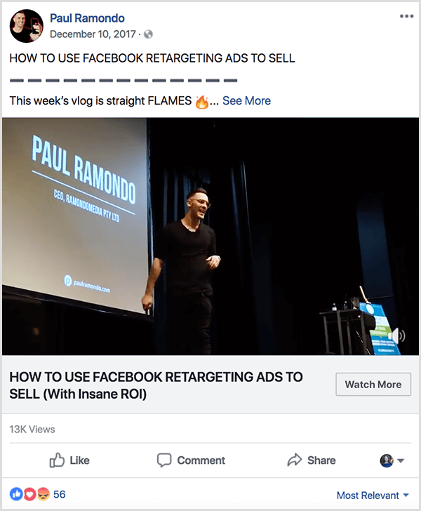 A Paul Ramondo vlog posted to facebook has the text How to Use Facebook Retargeting Ads to Sell. Below this title is the text This Week's Vlog Is Straight Flames followed by a fire emoji. The video shows Paul speaking on stage in front of a large projector screen that displays his name and company information.