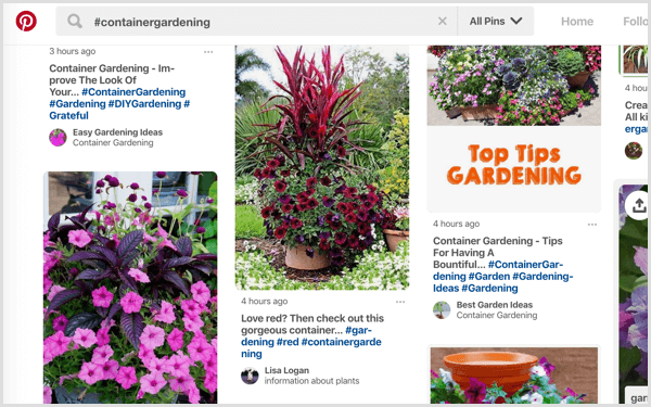 Pinterest hashtag search results example
