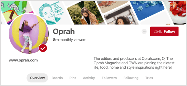 example Pinterest profile showing monthly viewers stat