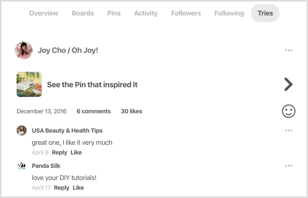 example of Tries tab for Pinterest profile