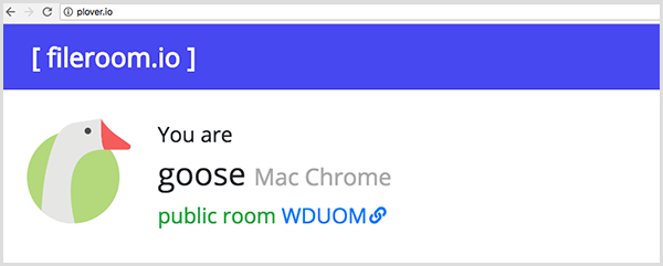 Plover shows an animal that represents you. This example shows a goose icon and the text You Are Goose, Mac Chrome, and Public Room.