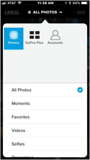 Tap the + icon and select a video or five or more images to import into Quik.