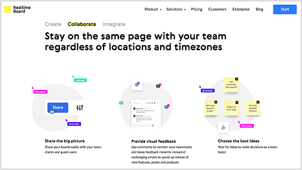 Realtime Board website highlights collaboration features, such as sharing pictures, providing visual feedback, and choosing the best ideas by arranging virtual sticky notes.