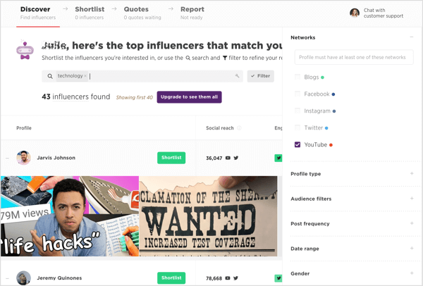 Use Scrunch's filters to zero in on a YouTube influencer who matches your requirements