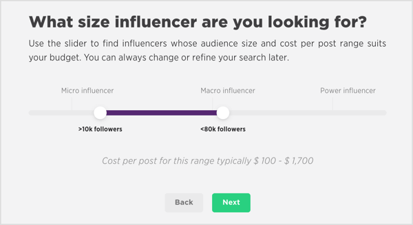 Narrow your Scrunch search to micro-, macro-, or power influencers on YouTube.