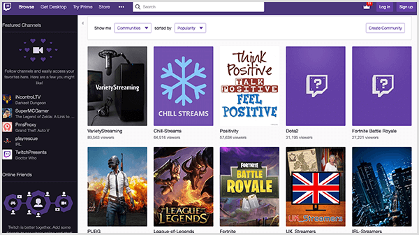 The Twitch Browse tab appears in the upper left of the Twitch interface. When you select it, you can discover games and communities sorted by popularity or other criteria. Thumbnail images for the different Twitch channels appear in rows of five. Below each thumbnail, you see the channel name and its number of viewers.