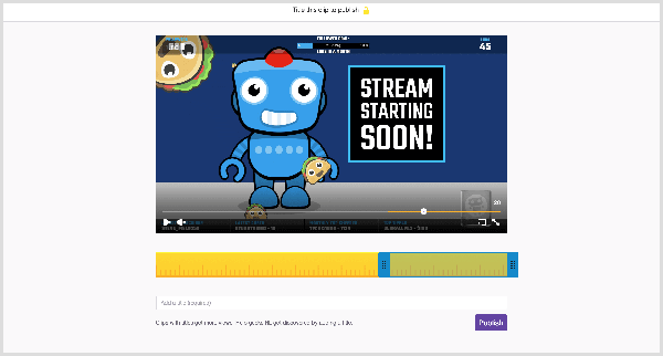 The Twitch video player has a Clip button that takes you to a screen where you can create a clip from a live broadcast. A yellow ruler appears below the clip preview. Blue handles help you set the start and end points for your clip. A text box where you give the clip a name appears below the ruler. A purple Publish button appears below the clip name field.