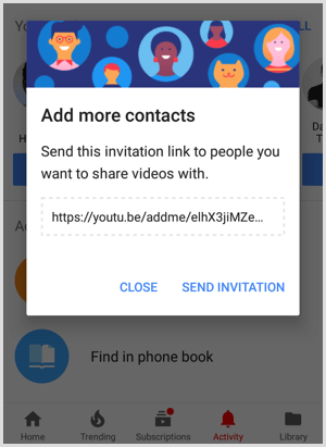 YouTube invitation link to share with people to add more contacts