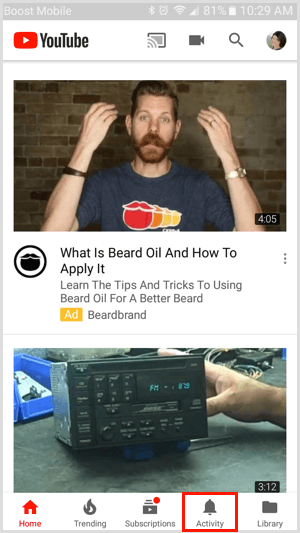 Activity tab in the YouTube mobile app
