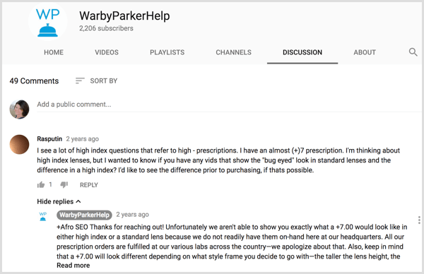 Examples of customer conversation on the YouTube discussion tab