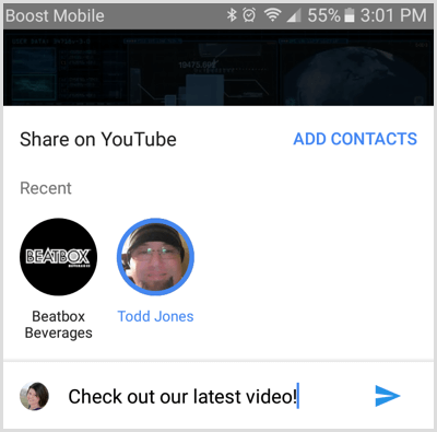 Select contact to share YouTube video with