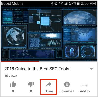 Tap the Share button below a video on YouTube mobile app