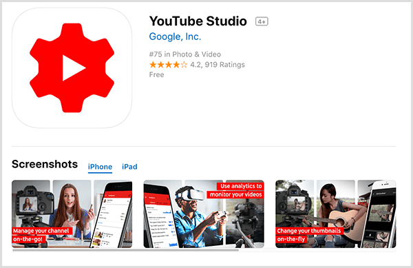 YouTube Studio app on iTunes has a red gear icon with a play arrow in the center. Three screenshots show from left to right show a woman recording a video and the mobile screen for managing your channel on the go, a man wearing a virtual reality headset and the screen for monitoring analytics, and a woman recording a video of herself playing guitar and the mobile screen for changing a video thumbnail on the fly.