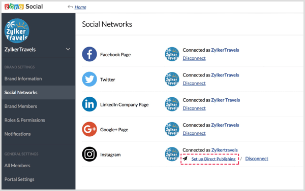 Set Up Direct Publishing link in Zoho Social app