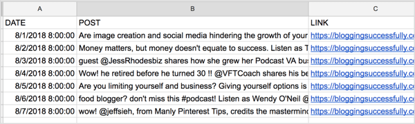 Add your post text and links to your spreadsheet.