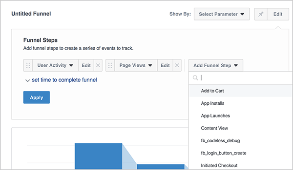 Andrew Foxwell explains how to create a custom funnel in Facebook Analytics. In the Funnel Steps area, you use a drop-down menu with options you can choose, such as Add to Cart, App Installs, Content View, and so on. Each time you select an option, a new drop-down menu appears to the right, where you can select the next step in your custom funnel. Below the sequence of drop-down menus is a blue Apply button. A preview of the blue funnel graph appears as you build it.