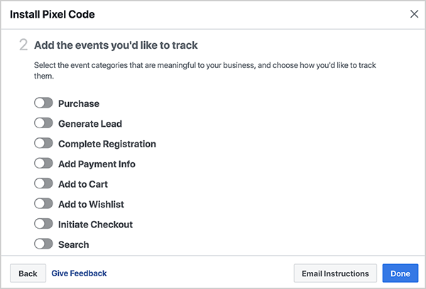 Andrew Foxwell notes that for Facebook Analytics to work, you need to install your Facebook events for your Facebook pixel correctly. The Install Pixel Code dialog box shows prebuilt events you can track with Facebook Pixel, including Purchase, Generate Lead, Complete Registration, Add Payment Info, Add to Cart, Add to Wishlist, Initiate Checkout, and Search.