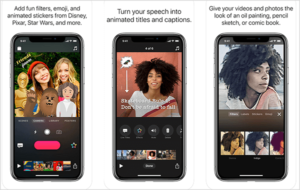 Apple Clips app product shots show features that turn speech into animated titles and captions and filters. Andrew Hubbard says you can use Apple Clips to edit a 60-second video pitch that retargets people who watched your live video.