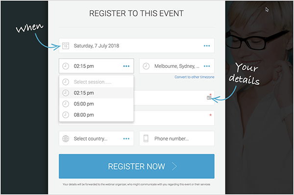 Andrew Hubbard uses an evergreen webinar so that prospects can choose a convenient registration time. This registration form lets people select from 11:45 AM, 2 PM, or 5 PM.