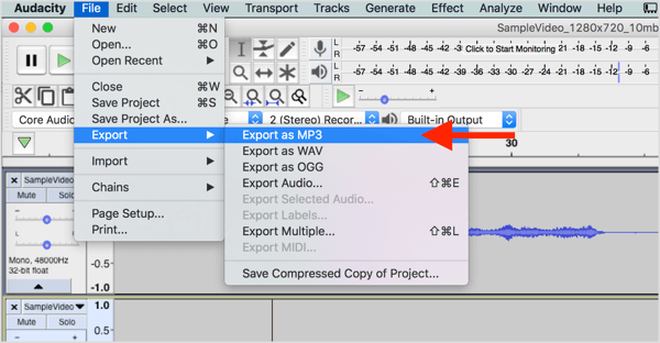 Choose File > Export > Export as MP3 to download the audio file from Audacity.