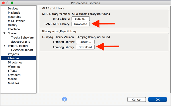 Install the optional LAME MP3 encoder and FFmpeg library with Audacity.