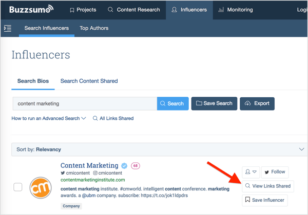 BuzzSumo lets you search for social media influencers by topic and see the links they've shared.