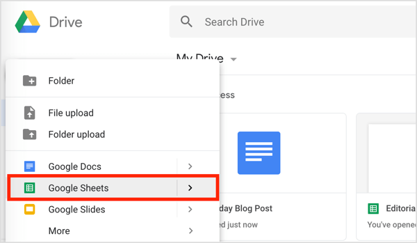 Click the New button on the left and choose Google Sheets from the drop-down menu.