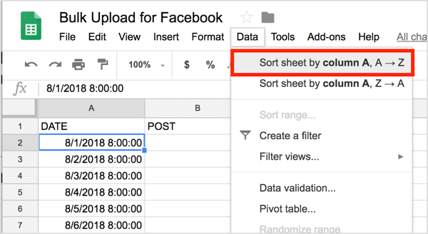 Click the first cell in the Date column and choose the first option from the Data menu.