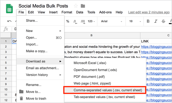  Choose File > Download As > Comma-Separated Values.